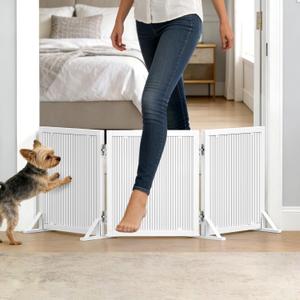 Short Dog Gate 15.7Inch High, Free Standing Dog Gates for Doorways, Pet Gate Indoor for Small Medium Dogs, Foldable Freestanding Puppy Gate for Stairs Kitchen 3 & 4 Panel (White)