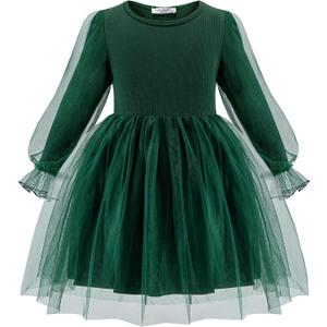 Arshiner Kids Dress Long Sleeve Solid Tulle Dress Formal Princess Party Tutu Dress Green Dress for Girls 4-6T
