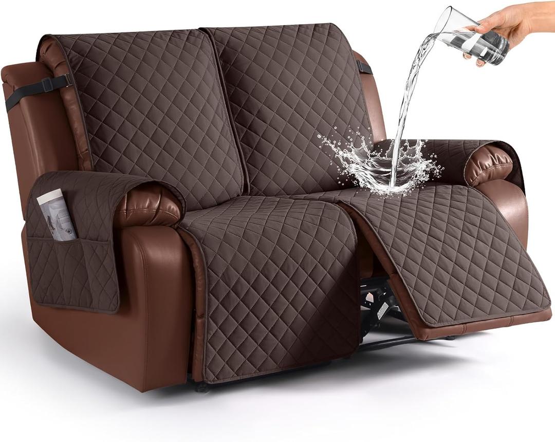 KinCam Waterproof Oversized Loveseat Recliner Cover, Non-Slip Reclining Couch Covers for 2 Seat, Recliner Sofa Cover Furniture Protector with Elastic Straps for Kids, Pets, Chocolate
