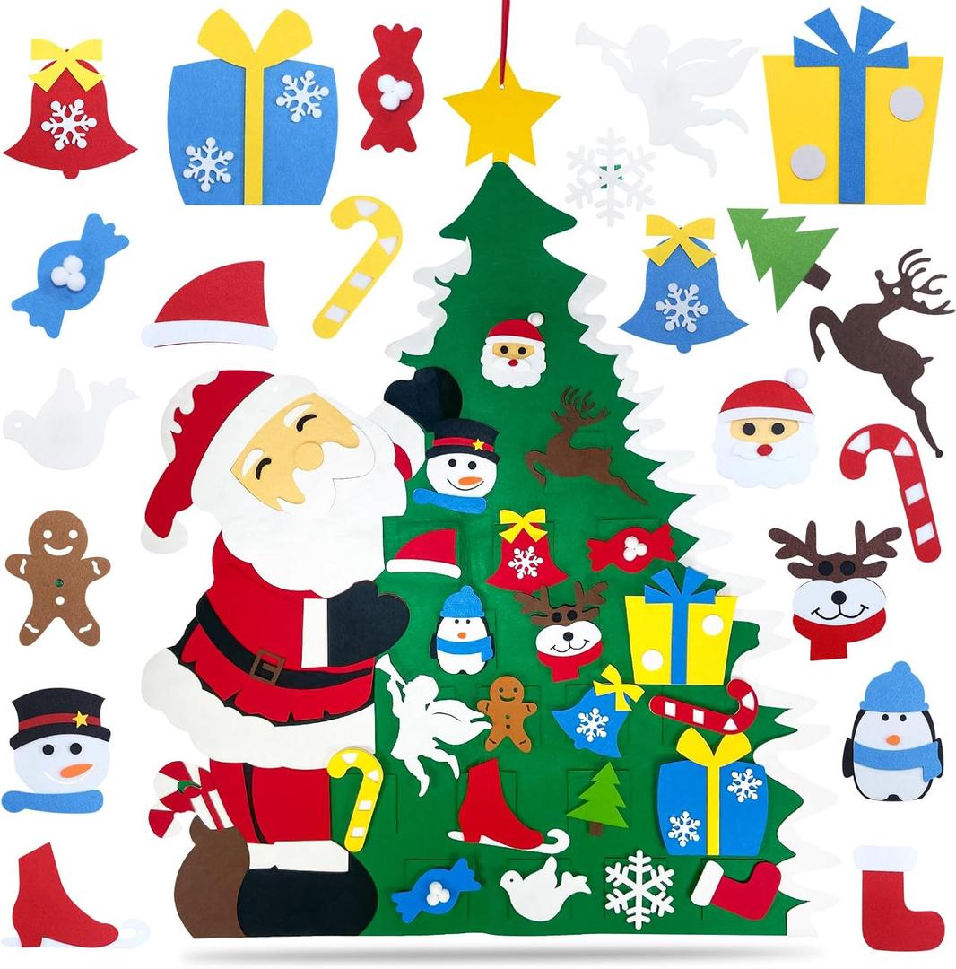 DIY Felt Christmas Tree for Toddlers, 3.2Ft Montessori Felt Christmas Trees Set with Ornaments, Toddler Felt ChristmasTree with Lights Gifts Party Supplies, DIY Wall Xmas Tree Christmas Decorations