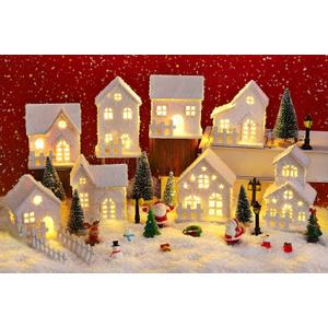 Fovths 35 Pieces Christmas Village Sets Lighted LED Village Houses Accessories with Artificial Fake Snow and Mini Figurine Desktop Ornament Winter Village Buildings for Christmas Home Table Decor