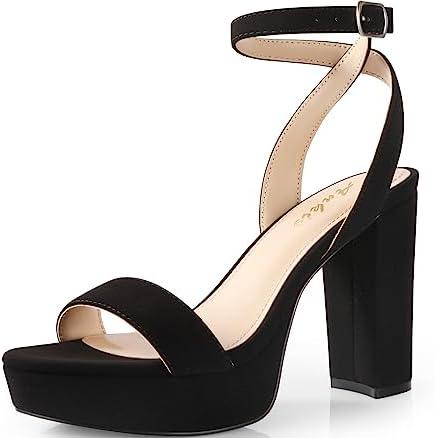 Ankis Platform Heels for Women 4 Inches Chunky Heels Sandals for Women Comfy Open Toe Block Heeled Sandals Nude White Silver Gold Black Ankle Strappy Heels, Black, 11