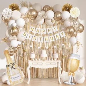 Ouddy Life White Gold Birthday Party Decorations Kit for Women Girls, Happy Birthday Banner, Sand White Metallic Gold Foil Confetti Balloons, Fringe Curtain, Cake Topper, Pompoms, Butterfly Supplies