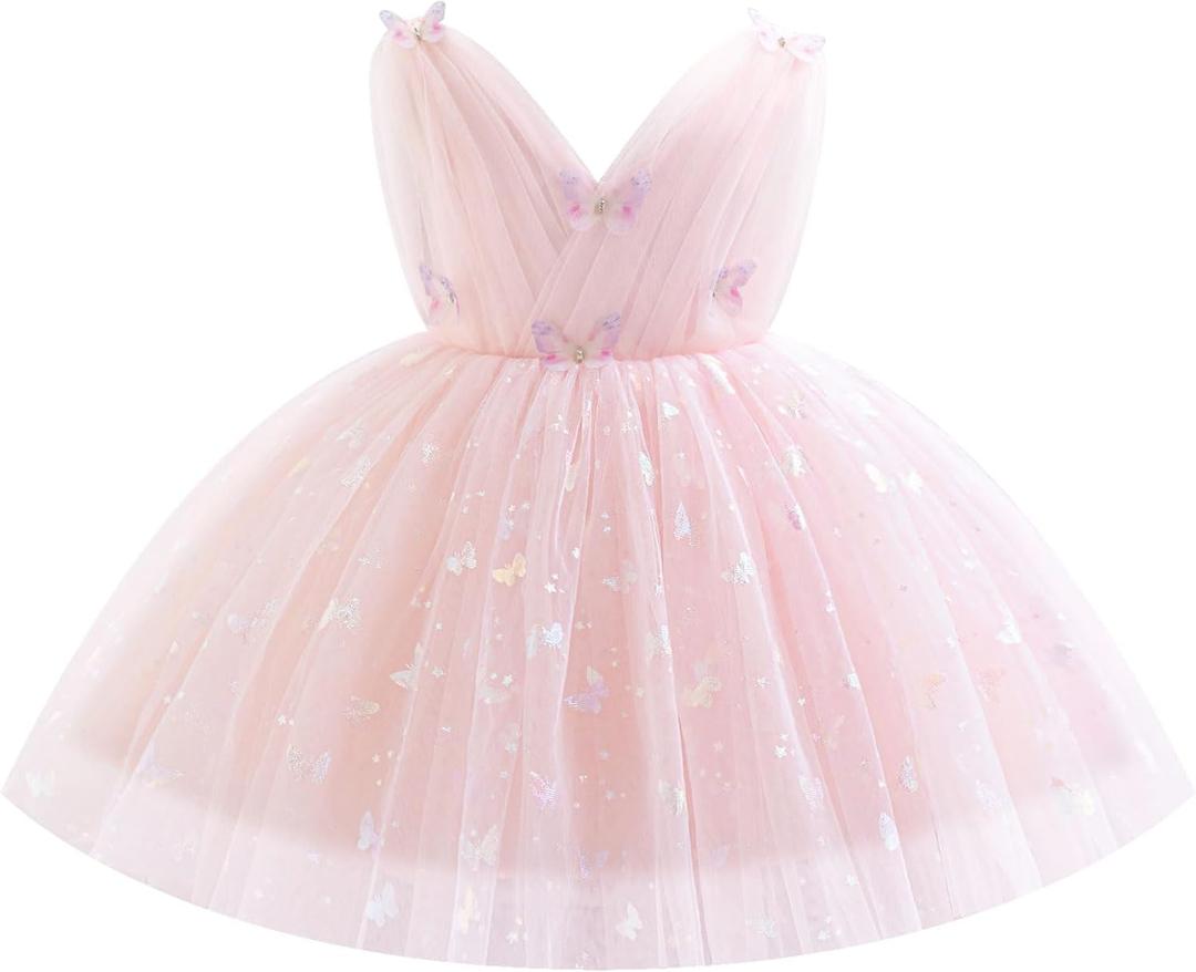 IDOPIP Toddler Baby Girls Shiny Butterfly Tutu Dress Princess Birthday Party Pageant Flower Girl Wedding V-Backless Dresses (18-24 Months, Pink)