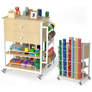 Wrapping Paper Storage & Organizer, Craft Cart with Ribbon & Gift Bag Storage, Wrapping Paper Organizer Holder(2 Wooden Drawers-Oak)