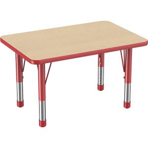 FDP Rectangle Activity School and Classroom Kids Table (24 x 36 inch), Chunky Toddler Leg, Adjustable Height 15-24 inches - Maple Top and Red Edge