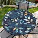 COTAIL Round Tablecloth with Elastic Edge, 36-60Inch Waterproof Table Cloth for Dinner, Outdoor, Picnic, 60inch, Blue Marble and Leaves
