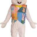 Easter Bunny Mascot Costume with Colorful Patchwork Vest, Yellow Bow Tie, Pink Ears, Adult Size Full Body Character Suit
