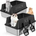 2 Pack XL Stainless Steel Litter Box with High Sides Shield for Multi Cat, Extra Large Tall Wall Open Top Deep Metal Pan for Big Cats, Anti-Leak Non-Stick Odor Control, 2 Scoops Included, Black