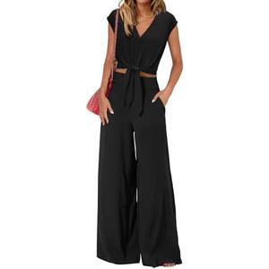 PRETTYGARDEN Women's Summer 2 Piece Outfits 2025 Cap Sleeve V Neck Belted Crop Tops Wide Leg Pant Sets Casual Tracksuit, size M