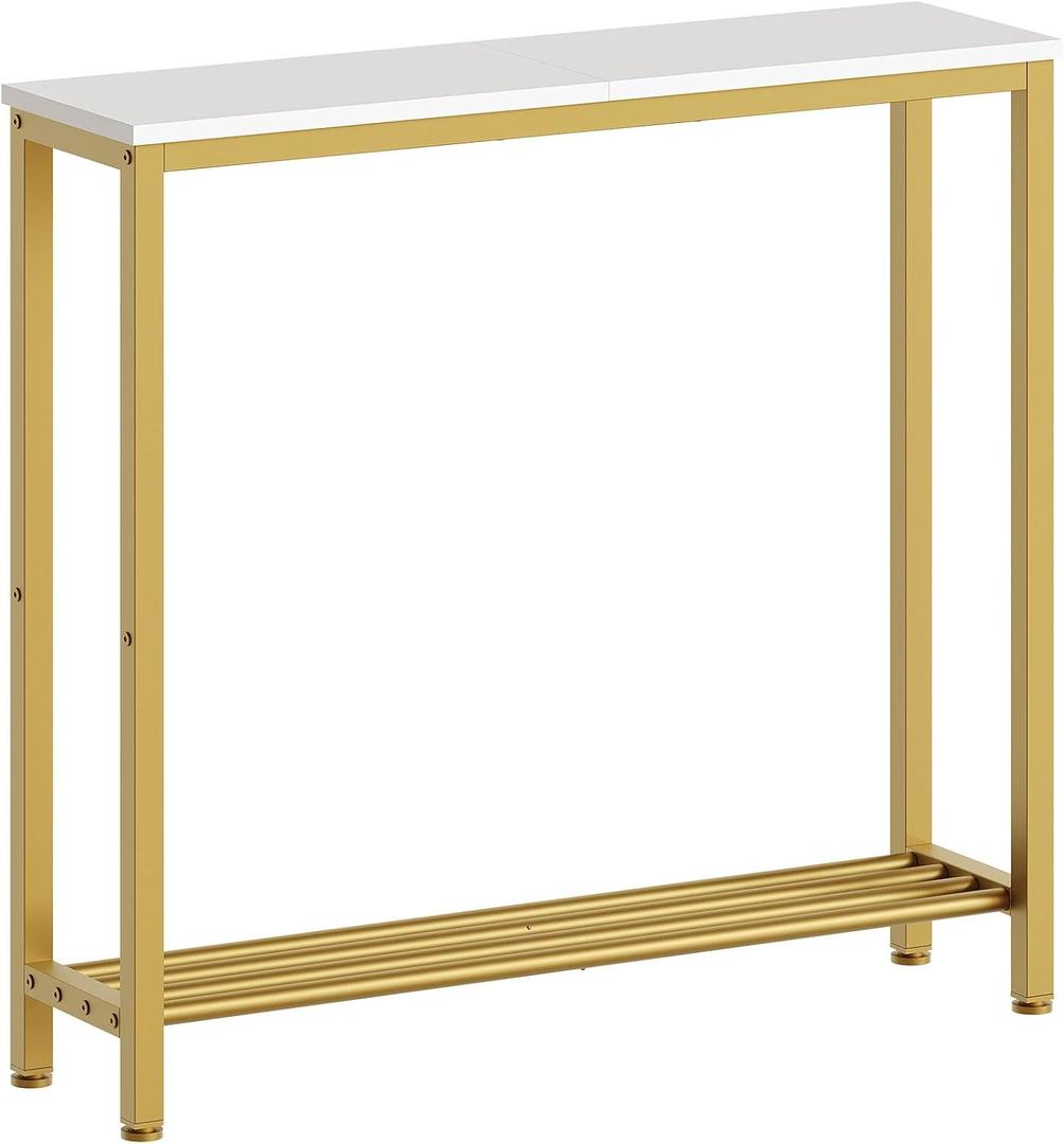 YATINEY Narrow Console Table, 2-Tier Small Sofa Table, 29.5" Thin Entryway Behind Couch Table with Shelves, Industrial Hallway Table, for Living Room, Foyer, White and Gold CT03DW, 29.5"d X 29.5"w X 7.9"h