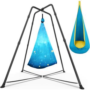 Swing Stand Frame with Sensory Swing Pod Chair, X-Shaped Swing Set, Metal Hammock Chair Stand for Adults Indoor and Outdoor 330LBS (Patterned-Star Blue)