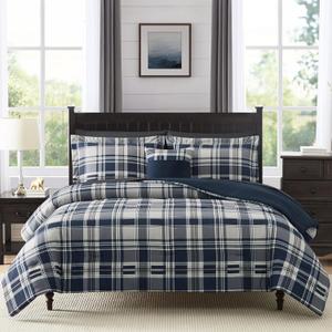 MaiRve Queen Size Comforter Set Navy Blue, Classic Plaid Farmhouse 7 Pieces Bedding Set, All Season Lightweight Bed in a Bag with Sheets, Pillowcases & Shams