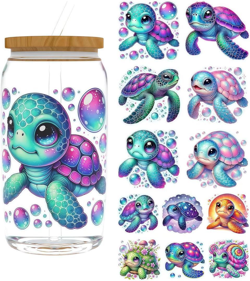 5pcs Exquisite Colorful Turtles UV DTF Cup Wraps Winter UV DTF Transfer Waterproof Sticker for Glass Cups Furniture Craft DIY CraftsRub on Transfer Stickers for DIY Water Bottle Laptop Decal Wood Car