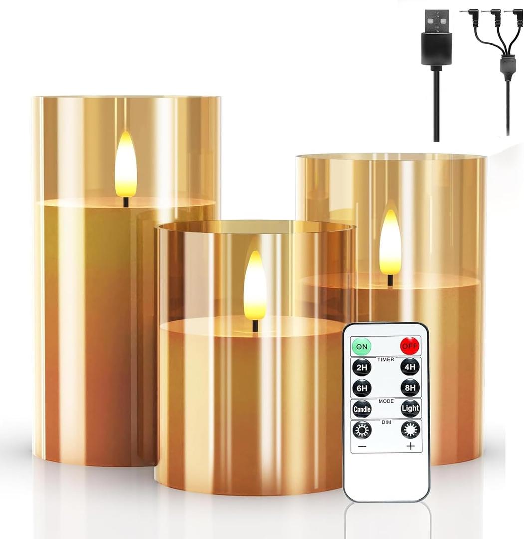 Rechargeable Flameless Candle, LED Flickering Candles Tea Lights Pillar Candles Sets with Adjustable Brightness and Timing Remote, Battery Operated Acrylic USB Candles (Pack of 3)