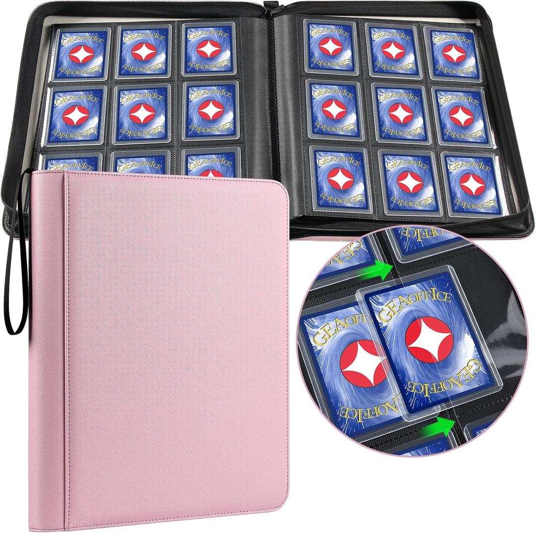 GEAoffice 9 Pockets Top Loader Binder Holds 324 Cards, Premium PU Leather Trading Card Binder for Toploader, Side Loading Zipper Card Binder Top Loader for 3"4" Rigid, MTG, TCG, Waterproof, Pink