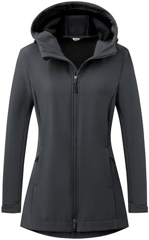 wantdo Women Softshell Jacket Fleece Lined Hooded Rain Coat Waterproof Windproof Windbreaker Jacket Lightweight Long Coat XL