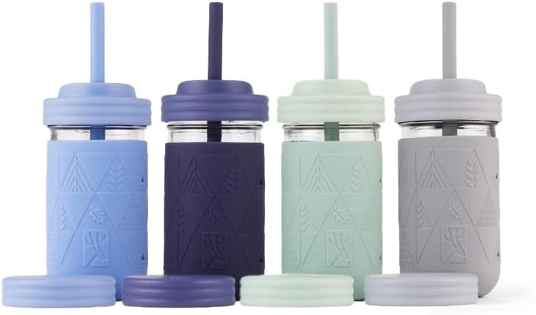 Elk and Friends Kids + Toddler Glass Cups | The Original 12oz Glass Mason Jar with Sleeves + Lids | Silicone Straws + Stopper | Smoothie Cup | Food Storage | Spill Resistant | Dishwasher Safe | 4 Pack (Sage/Navy/MistyBlue/Gray)