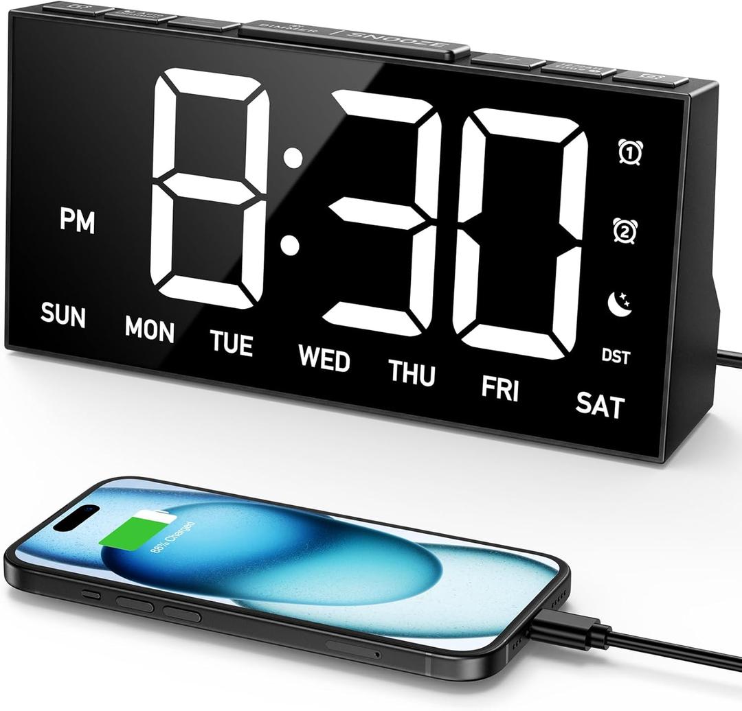 GOLOZA Digital Alarm Clocks for Bedrooms, Digital Clock with 4 Level Brightness +Off, Dual Customizable Alarms, USB Port, Power-Off Memory, Snooze, DST, 12/24H, Desk Clock for Kids Adults Elderly (Manual Time Sync, Daisy White)