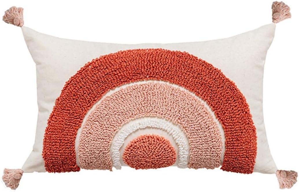 Mauve Pillow Cover Watermelon Red Cotton Woven Tufted Lumbar Pillow Cover 12x20 inch Boho Rainbow Pillow Semicircle with Tassels Decorative Pillowcase Rectangle Cover for Couch Bed (F)