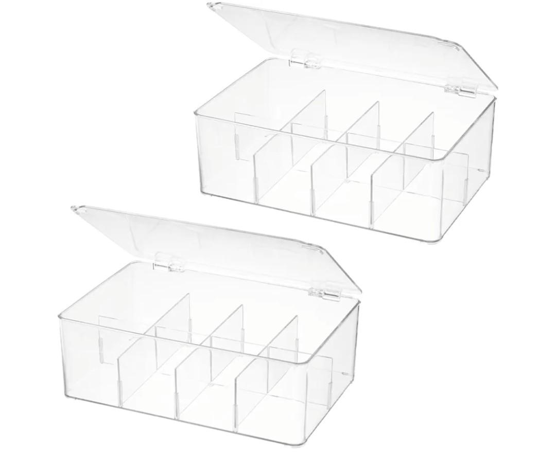 Divided Clear Plastic Organizer Bin with Hinge Lid, 8 Sections Tea Bag Storage Box for Kitchen, Snacks, Spice Packets,Pouches, Stackable Storage Bin