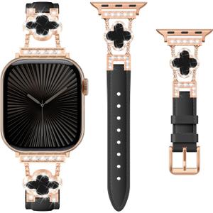 SOLOLUP Leather Band Compatible with Apple Watch Bands for Women 40mm 41mm 42mm 38mm, Dressy Slim Thin Cute Bracelet with Bling Buckle Metal Link Chain Band for iWatch 11 10 9 8 7 6 5 4 3 SE 3/ 2/ 1