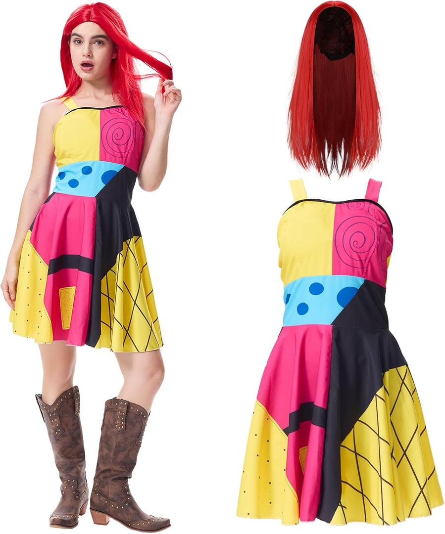 2PCS Adult Sally Costume Women Christmas Sally Dress Wig Sexy Patchwork Dress Halloween Cosplay Outfits (Large)