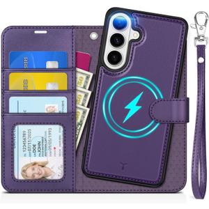 TUCCH Detachable Case Wallet for Galaxy S26, Wrist Strap 3 Card Slots RFID Blocking Wireless Charging Stand, 2-in-1 Magnetic PU Leather Shockproof Folio Cover for Galaxy S26 (6.3") 2026, Deep Purple