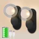 LED Battery Operated Wall Sconce, Wireless Small Magnetic Rechargeable Night Light 3 Color Lighting Dimmable Mordern LED Wall Mounted Night Light for Bedroom Babyroom Black 2pcs