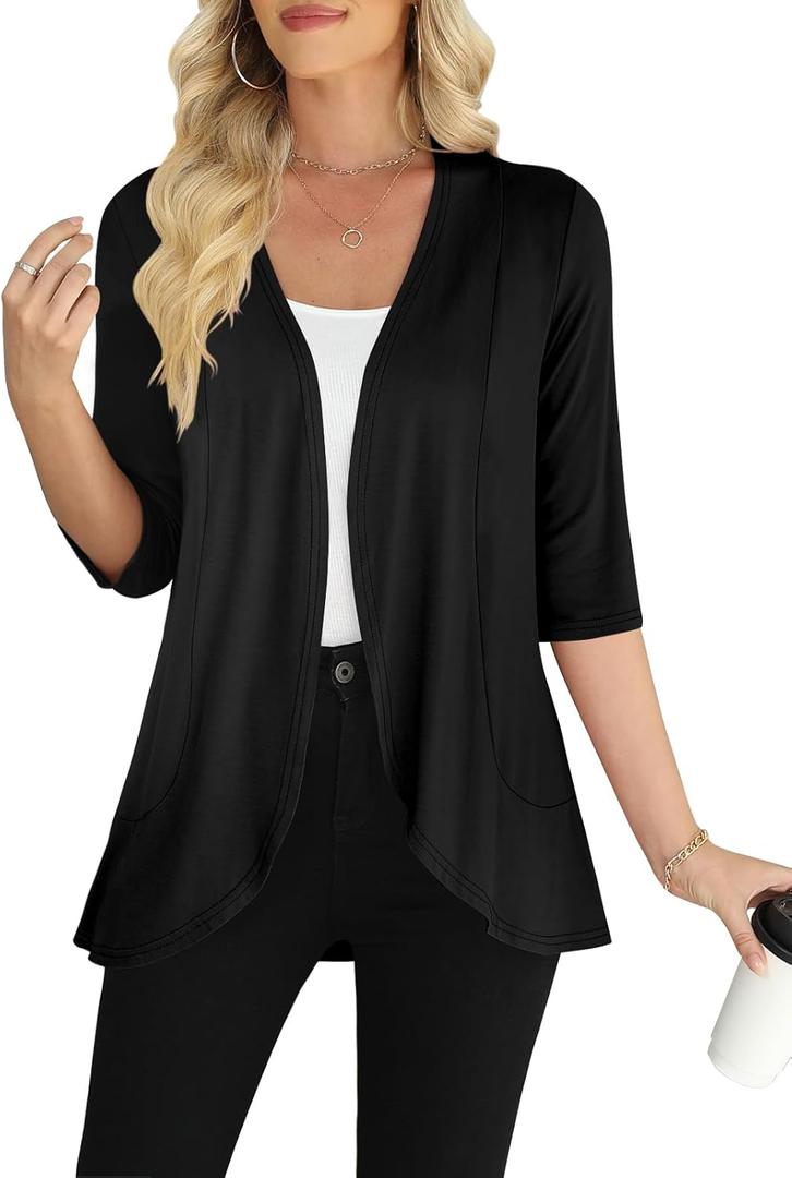 Yincro Women's Casual 3/4 Sleeve Cardigan Lightweight Soft Open Front Cardigans (Black, XXL)