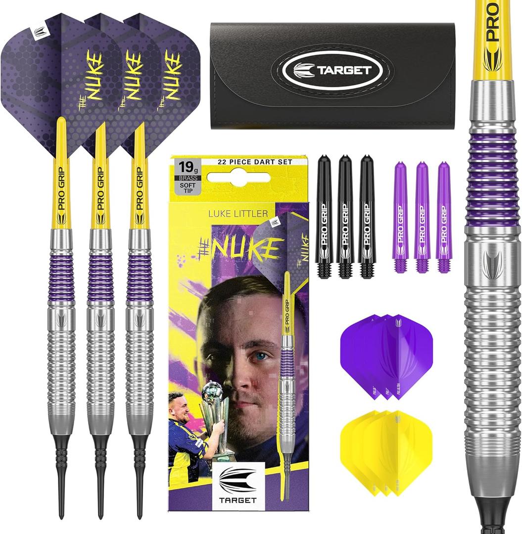 Target Darts Luke Littler Brass Soft Tip Darts Set  19G Pixel Tip Dart, The Nuke Player Edition Dart Set, Dart Flights, Shafts & Dart Case Included | Professional Dart Accessories