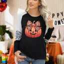 Graphic Shirts Women Pumpkin T Shirt Grateful Blessed Print Long Sleeve Blouse Leopard Striped Fall Tee (S)