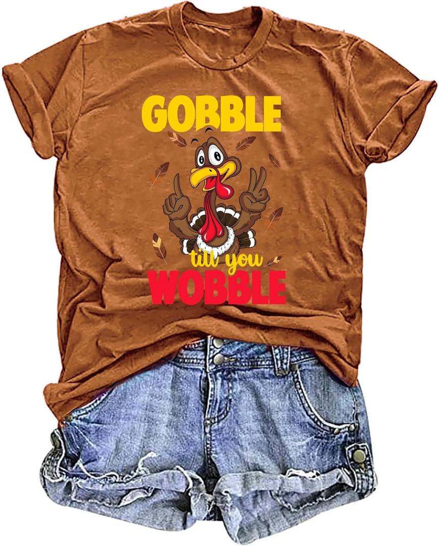 Thanksgiving Shirts for Women Gobble Til You Wobble T Shirt Gobble Turkey Short Sleeve Graphic Tee Tops (M)