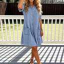 Denim Dress for Women 2026 Summer Casual Lace Trim Half Sleeve Blue Jean Dresses Button Down Shirt Dress Western Outfits, Small