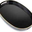 Black Oval Decorative Tray with Handles, Versatile Serving Tray for Coffee Table, Ottoman, Ideal for Serving, Displaying, Organizing (15.5" x 10.6" x 1.4")