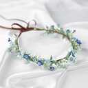 Handmade Blue Flower Crown Green Leaf Headdress for Women Girls Flower Headband Bridal Headpiece Fairy Wreath for Birthday Party Festival Cosplay
