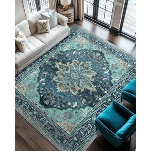 Area Rugs 8'x10' Washable Non-Slip, Floral Vintage Distress Print Pattern Medallion Carpet for Living Room Bedroom Dining Room, Teal Green Lake Blue (8x10)
