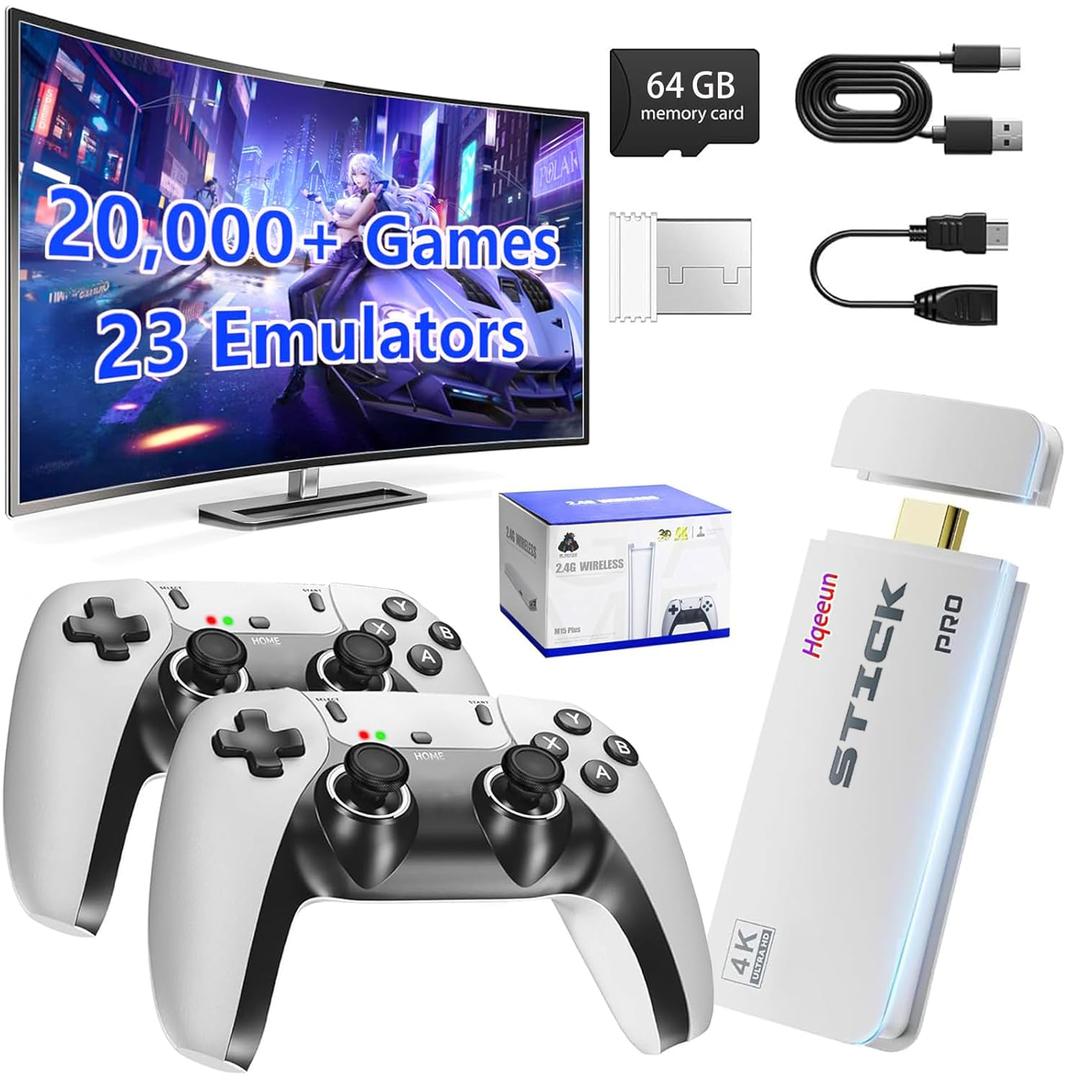 Hqeeun Retro Gaming Console, 2026 New Upgrade Retro Game Console Stick Builtin 20000+ Classic Games and 23 Emulators, Plug & Play 4K HDMI Output, Video Gaming Stick with Dual 2.4G Controllers 64GB