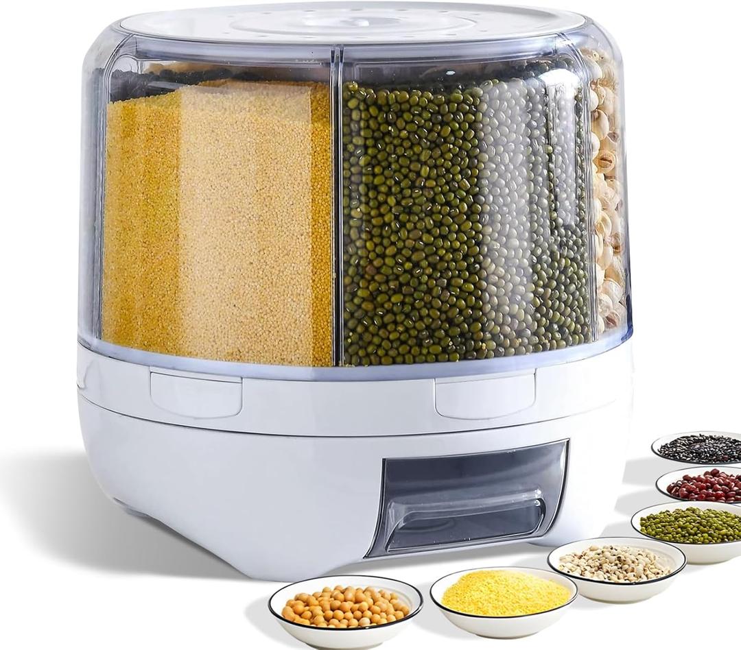 Grain Dispenser, 360° Rotating Storage Container, 6 Grid Food Dispenser, M-WHITE