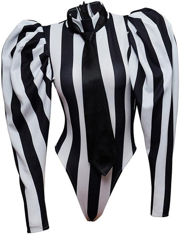 VEECOOCOS Women's Sexy Black White Striped Bodysuit S