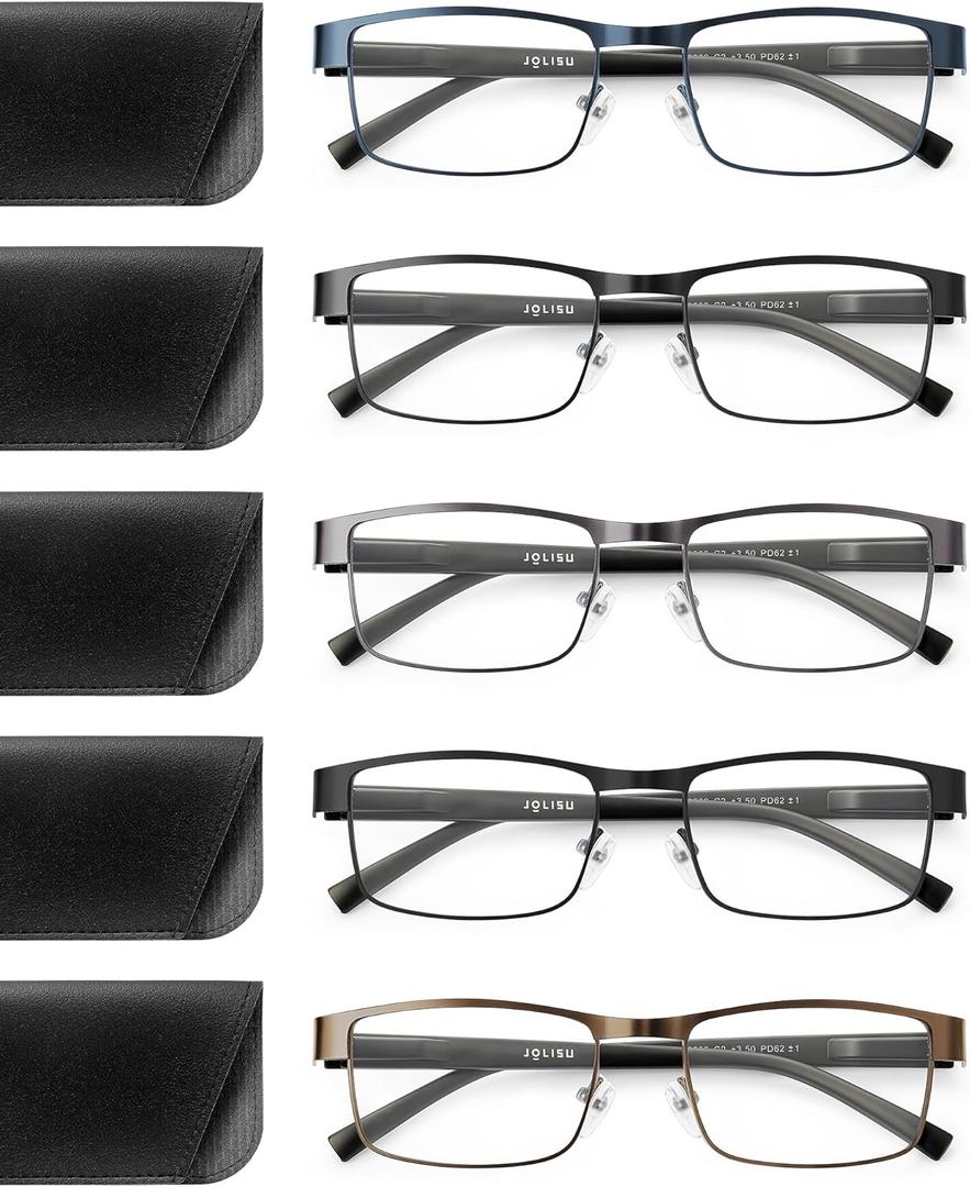 JOLISU 5PCS Reading Glasses Men - Blue Light Blocking Computer Metal Thin Frame Readers For Mens/Women W/Case（2.00）