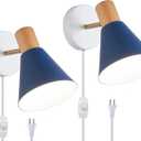 Wall Sconces Lighting Set of 2 for Bedroom, Black Dimmable Wood Style Wall Sconce Reading Lamp, Adjustable Wall Light for Bedroom Hallway Living Room (Blue-Plug in, 2)