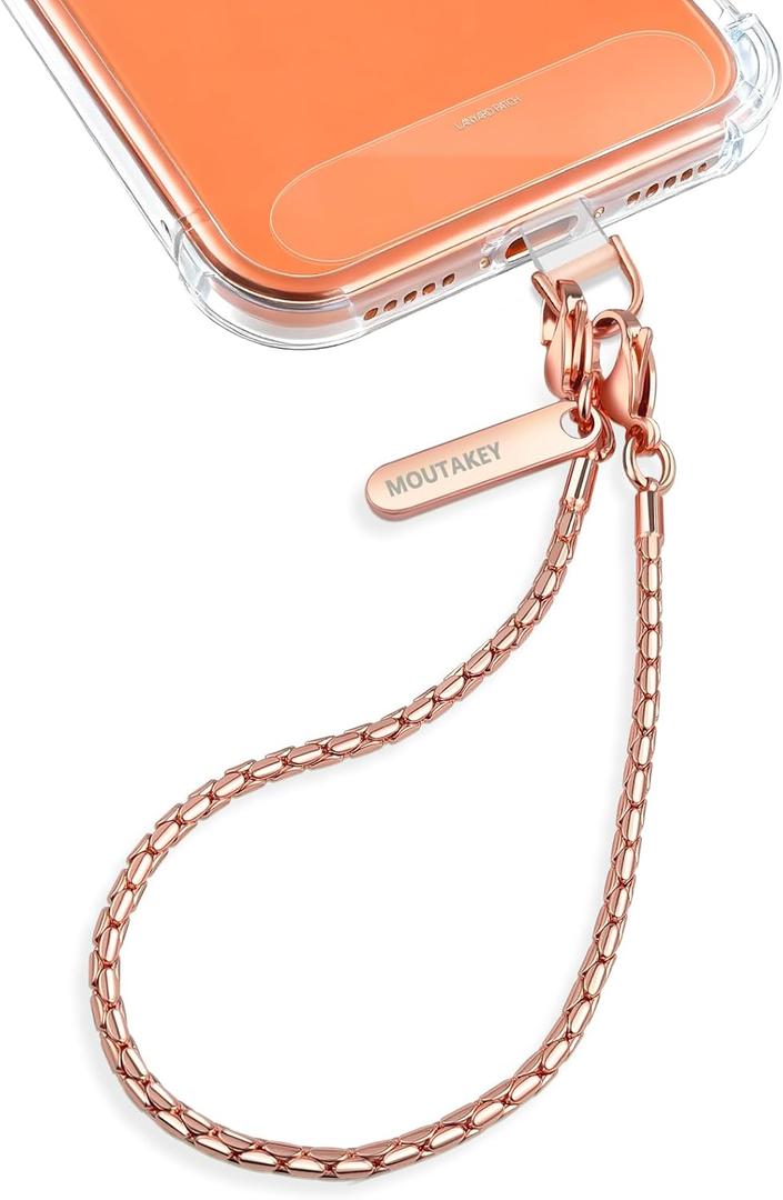 MOUTAKEY Phone Wrist Strap Metal Phone Chain Wristlet Strap Detachable iPhone Lanyard Wrist with 2 Tether Tabs iPhone Charm strap For Women Girls Shopping Traveling Party Walking (Short, Rose Gold)