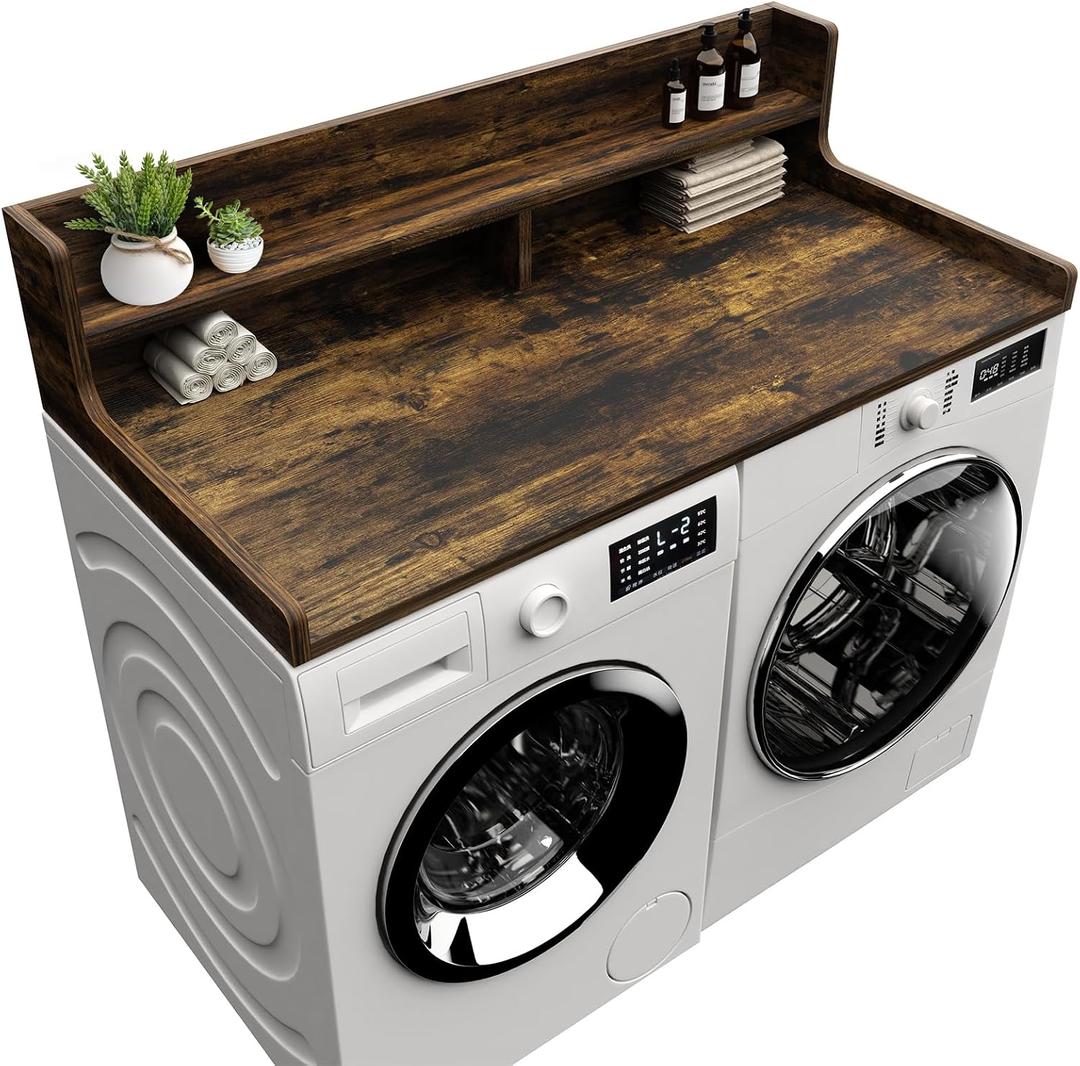 FZGhome Washer Dryer Countertop, 54" x 27.55" 2-Tier Washer Dryer Topper with Edge, for Laundry Room Organization Rustic Brown