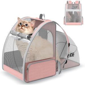 Cat Backpack Carrier Expandable for Travel: Foldable Pet Backpack with Breathable Mesh for Medium Small Dog Cat Puppy Kitten up to 15 Lbs, Cat Carrier Soft Backpack for Hiking Camping Outdoor(Pink)