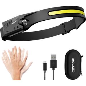 Rechargeable LED Headlamp, 230° Illumination Headlight with Motion Sensor, Lightweight, Weatherproof, 2 Light Source Head Lamp Flashlight for Camping, Hiking, Running, Outdoor - Adults and Kids