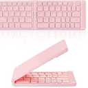 Mini Rechargeable Foldable Bluetooth Keyboard and Mouse Combo, Portable (Sync Up to 3 Devices), Ultra-Slim Travel Folding Keyboard for iPhone iPad Mac Android Windows iOS（Pink）