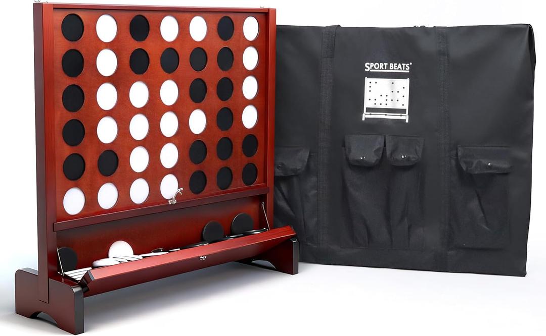 SPORT BEATS Giant Wooden 4 in a Row Game with Folding Catch Tray | Patented Wall Mountable Outdoor & Backyard Game | Includes Carry Bag, Detachable Legs SPORT BEATS Giant Wooden 4 in a Row Game with Folding Catch Tray | Patented Wall Mountable Outdoor & Backyard Game | Includes Carry Bag, Detachable Legs