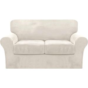 FantasDecor 3 Piece Sofa Covers Velvet for 2 Cushion Couch Stretch Loveseat Slipcover with Individual Seat Elastic Furniture Protector for Pets (Loveseat, Ivory)