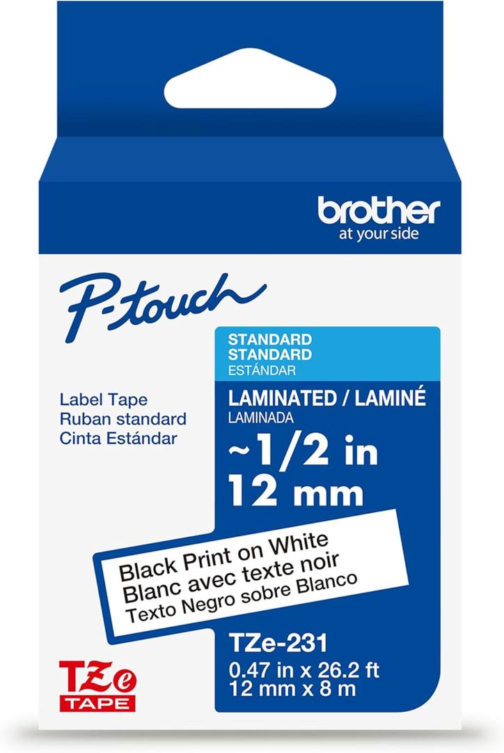 Brother Genuine TZe231~1/2 Black Print on White Label Tape. Each: 0.47 in x 26.2 ft (12 mm x 8 m)